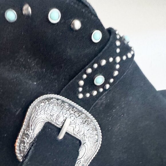 Jessica Simpson Black Suede Silver tone Buckle  Stud Detail Pointy Toe Booties 8 - Picture 6 of 9